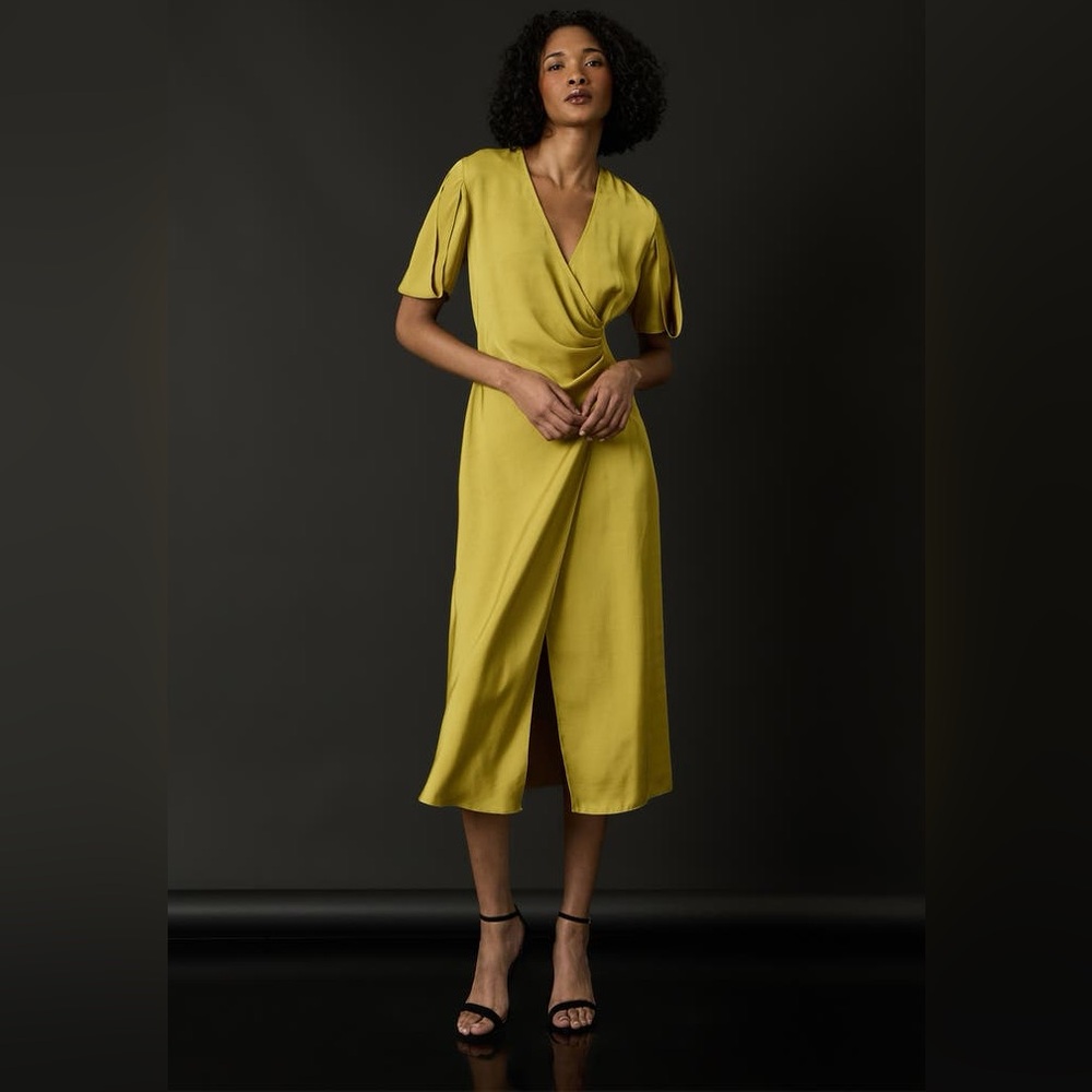 NEW Luxely Pleated Silky Chartreuse Wrap-Style Dress